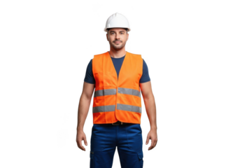 A male construction worker wearing a white hard hat and bright orange safety vest standing firmly isolated on transparent background