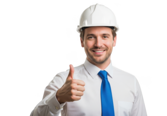Smiling construction worker wearing white hard hat and blue tie giving a thumbs up gesture isolated on transparent background
