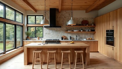 Modern kitchen with wood cabinets and large island. Windows offer garden view, stone accent wall behind stove. Clean, bright, functional space for cooking.
