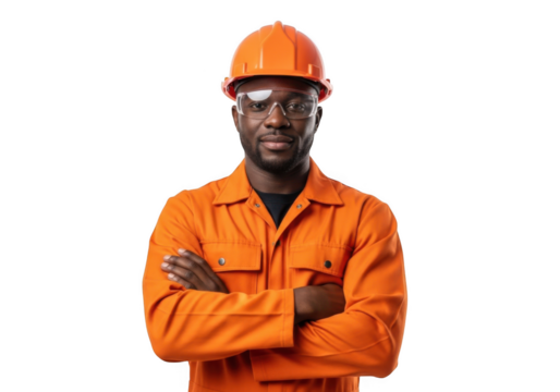 A confident construction worker wearing an orange hard hat and safety glasses with arms crossed isolated on transparent background - Powered by Adobe