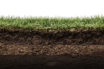 Cross-section of soil layers showcasing rich earth tones, vibrant grass, and underlying nutrients contributing to plant growth on transparent background