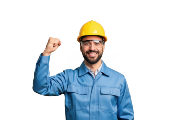 A smiling male construction worker wearing a yellow hard hat and safety glasses raises his fist in triumph isolated on transparent background