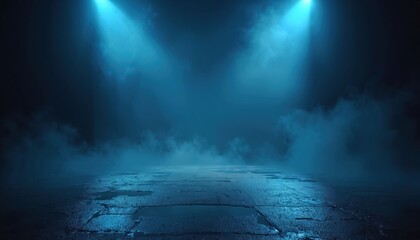 Naklejka premium Empty dark stage studio room with blue neon light spotlights, rising smoke. Cracked asphalt floor wet puddles reflecting light. Moody background scene creates atmosphere for presentation, concert,