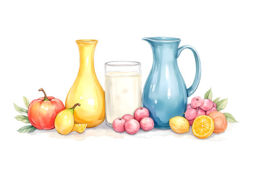 Fresh Fruits and Dairy Delights: A vibrant still life composition featuring a selection of fresh fruits alongside a glass of milk and elegant glass pitcher
