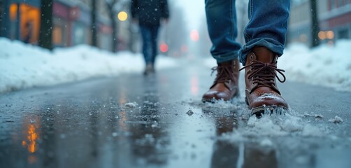 Person walks on wet icy sidewalk during snowfall wearing boots and jeans. Another person walks far behind on snowy city street. Winter weather condition. Cold season.