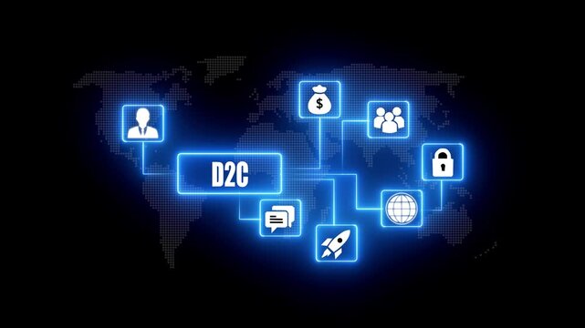 D2C business model concept with global network connections and business icons representing customer acquisition finance growth communication security and launch success on a digital world map