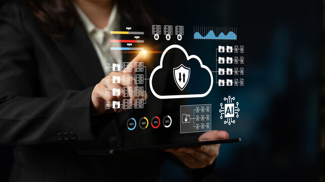 A business professional interacts with a digital cloud technology display showcasing data security icons and futuristic design elements for innovative solutions. Gantry