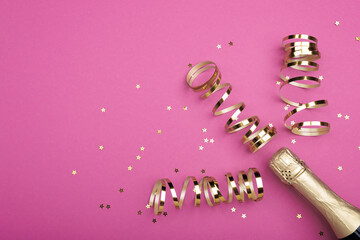 Champagne bottle with confetti stars on color background, space for text