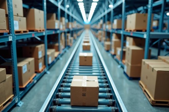 Aerial Drone Footage of Cardboard Box Packages Moving Resonantly on Advanced Conveyor Belt in Modern Warehouse