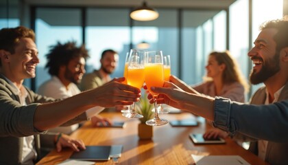 Diverse group of young colleagues celebrates at modern office. They raise orange drinks in glasses, smiling, laughing together. Happy team enjoys after-work party, a positive atmosphere with friends.