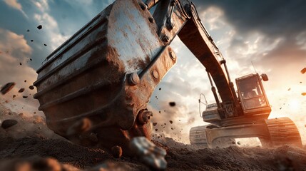 Dramatic low angle view of heavy excavator bucket digging dirt at construction site at sunset