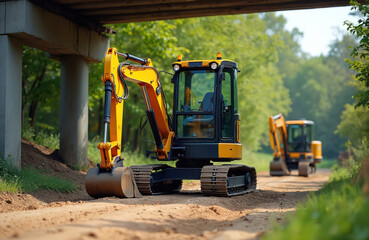 Yellow mini excavator works at construction site outdoors. Crawler earth moving machine near bridge. Excavator on rubber tracks moves on dirt road. Second similar vehicle in background.