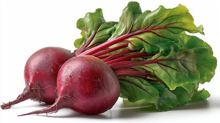 Fresh raw whole red beetroots with green leaves and stems isolated on clean white background