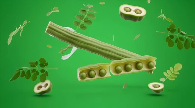 Fresh Moringa oleifera pods and vibrant green leaves floating against a verdant background