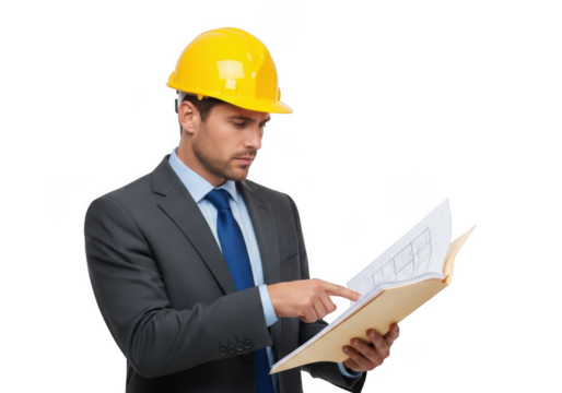 Professional male architect wearing yellow hard hat examining blueprints and plans isolated on transparent background
