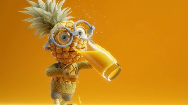 A cartoon pineapple wearing glasses is drinking orange juice. The image has a playful and lighthearted mood, with the pineapple character being the main focus