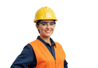 Smiling woman construction worker wearing yellow hard hat orange safety vest and protective eyewear isolated on transparent background