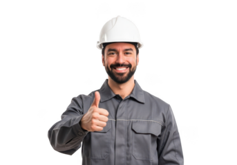 A smiling construction worker wearing a white hard hat and grey work uniform gives a thumbs up gesture isolated on transparent background