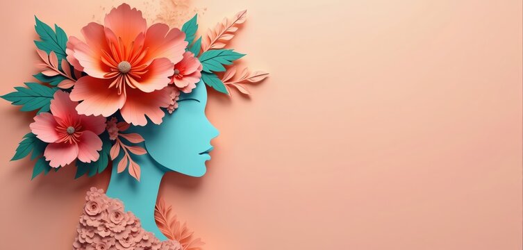 Paper cut silhouette of woman profile with large floral headpiece. Feminine beauty design element. Delicate pastel colors. Ideal for March 8th celebration cards, invitations, spring themed projects.