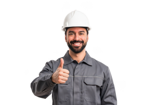 A smiling construction worker wearing a white hard hat and grey work uniform gives a thumbs up gesture isolated on transparent background