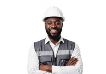Smiling black male construction worker wearing white hard hat and safety vest with arms crossed isolated on transparent background