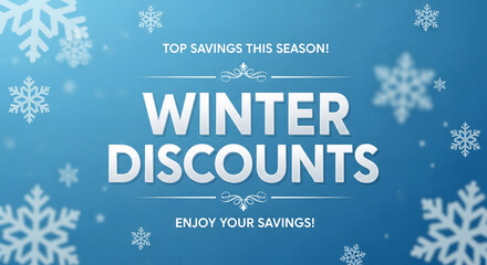 Blue backdrop with white snowflake and text "Winter Discounts", indicating seasonal sale, promotion or offer for winter holidays, business, or advertisement