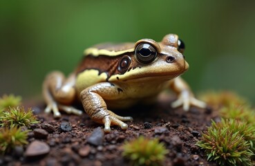 Obraz premium Close up photo shows an Asian painted frog. The frog sits on the ground with moss. It is a colorful amphibian with brown and yellow markings