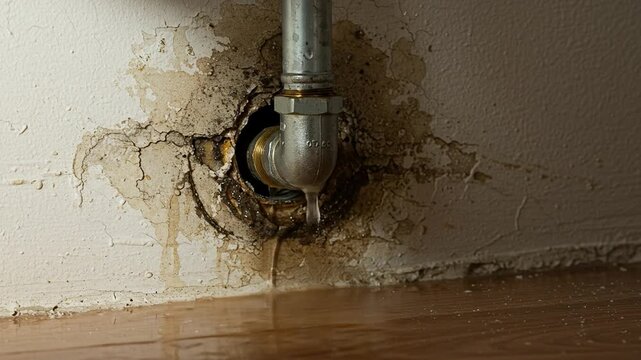 Close-up of a leaking water pipe inside a wall, showing moisture damage and visible damp. Repair and maintenance - Plumber
