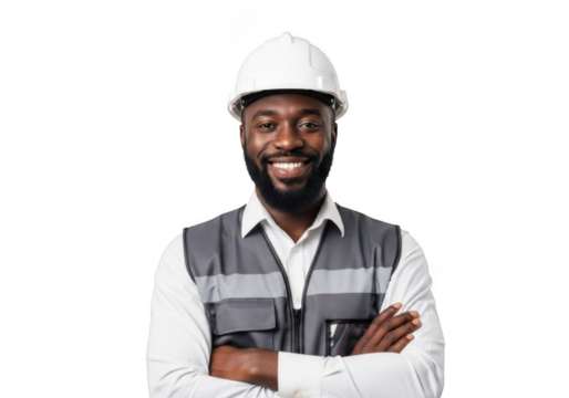 Smiling black male construction worker wearing white hard hat and safety vest with arms crossed isolated on transparent background