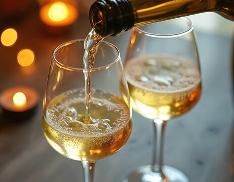 White wine gets poured into glass from bottle. Two glasses filled. Candles glow in background creating warm, inviting atmosphere. Scene suggests celebration, sharing, enjoyment during special