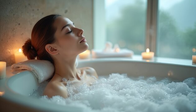 Young woman relaxes in bubbly bath. She enjoys calm spa procedure with eyes closed. Soft candlelight glows beside tub. Lady finds peace, comfort in warm water, taking time for self care, wellbeing.