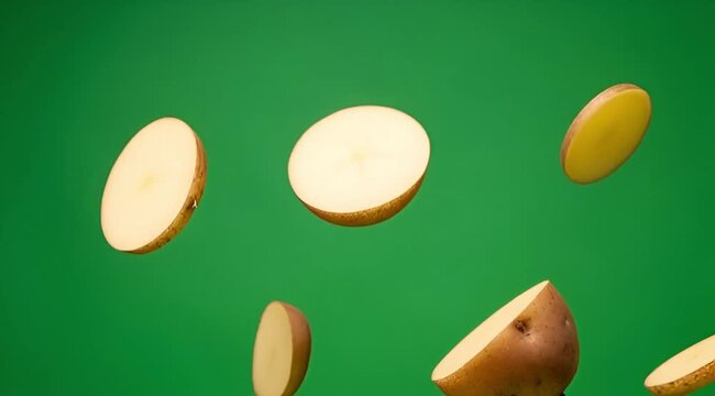 Fresh raw potatoes whole and sliced falling against a vibrant green background ready for cooking