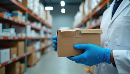 Fototapeta na wymiar Pharmacist in white coat and blue gloves holds parcel in warehouse. Ready for shipping medical supplies from online order. Fast drug delivery service.