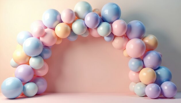 Round pastel balloons form elegant archway against soft gradient backdrop. Celebratory decoration perfect for events like baby showers gender birthday parties adding touch of festive cheer.