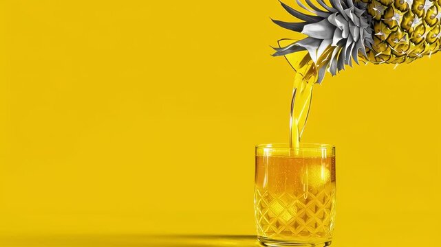 A glass of liquid is poured into a glass with a pineapple on top. The image has a bright yellow background, which gives it a cheerful and inviting mood