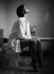young woman sitting on a toilet bowl