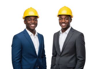 Two smiling black men wearing hard hats and suits standing side by side with a dark backdrop isolated on transparent background