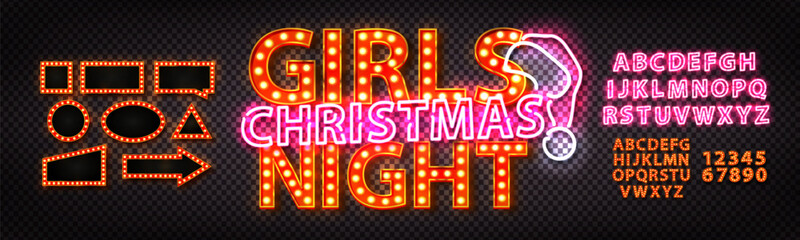 Vector neon marquee sign of Girls Christmas Night with alphabet and frames on the transparent background. Easy to change color.