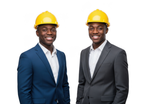 Two smiling black men wearing hard hats and suits standing side by side with a dark backdrop isolated on transparent background