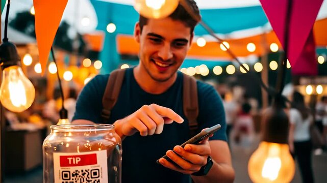 Caucasian man showing QR code for quick tip payment, then scanning it with his phone in a festive outdoor market, video