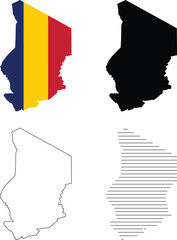 Chad map national flag, solid silhouette, outline, and striped versions, isolated vector illustration for geography and country concepts.