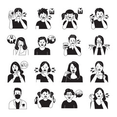 Vector set showing toothache, gum pain, sensitivity and dental symptoms in men, women and children. Perfect for dental clinics, health education, infographics and medical content.