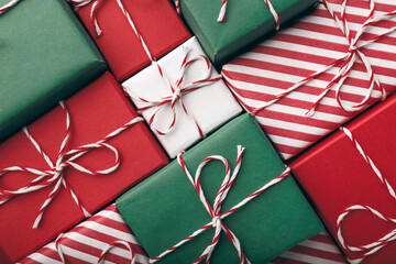 Color gift boxes on color background, flat lay