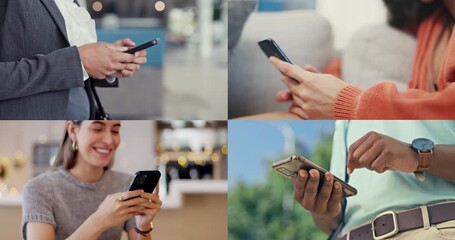 Hands, smartphone and people with internet, montage and digital app for communication. Closeup, mobile user and cellphone with social media, composite or connection with network or email notification - Powered by Adobe