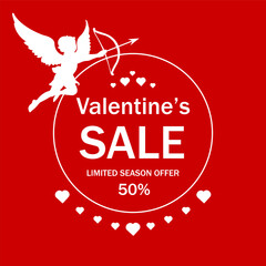 Valentine&rsquo;s Day sale banner.Design Template with Hearts and Cupid Holding bow and arrow.Sale offer price sign.Vector banner.Discount text.