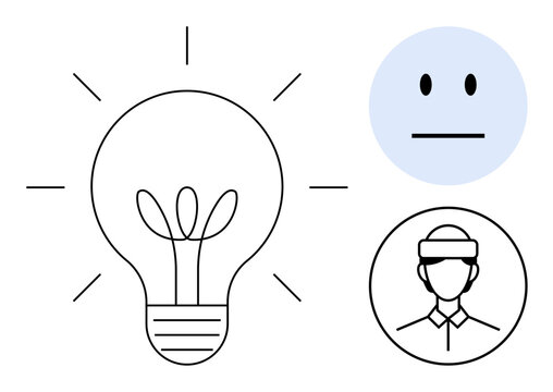 Light bulb with sprouting plant symbolizing growth, neutral emoticon, professional avatar in cap ideal for creativity, innovation, mindfulness, professionalism, simplicity, potential adaptability. A