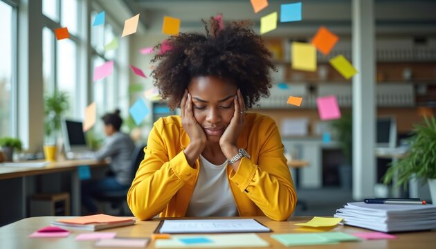 Black woman sits at desk with head in hands looking stressed. Colorful sticky notes fly around her in a busy office environment. She is overwhelmed with work tasks and feels pressured.