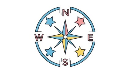 Colorful Compass Rose with Stars and Cardinal Directions.