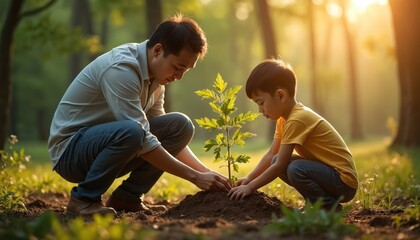 Asian father, young son plant small tree outdoors. Dad, kid gently cover plant roots with soil. Work on eco project in sunny park at sunset. Family teaches conservation, future generation learns to