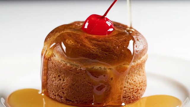 Delicious Rum Baba Cake with Cherry and Syrup Pouring.